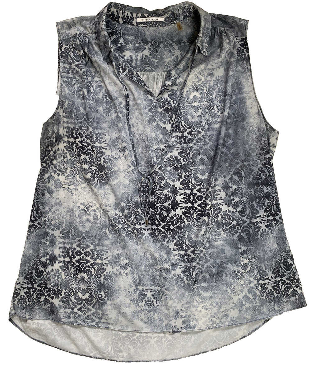 Tahari Blouse Womens Size XL Gray Blue Floral V-Neck Sleeveless Tank Top Office